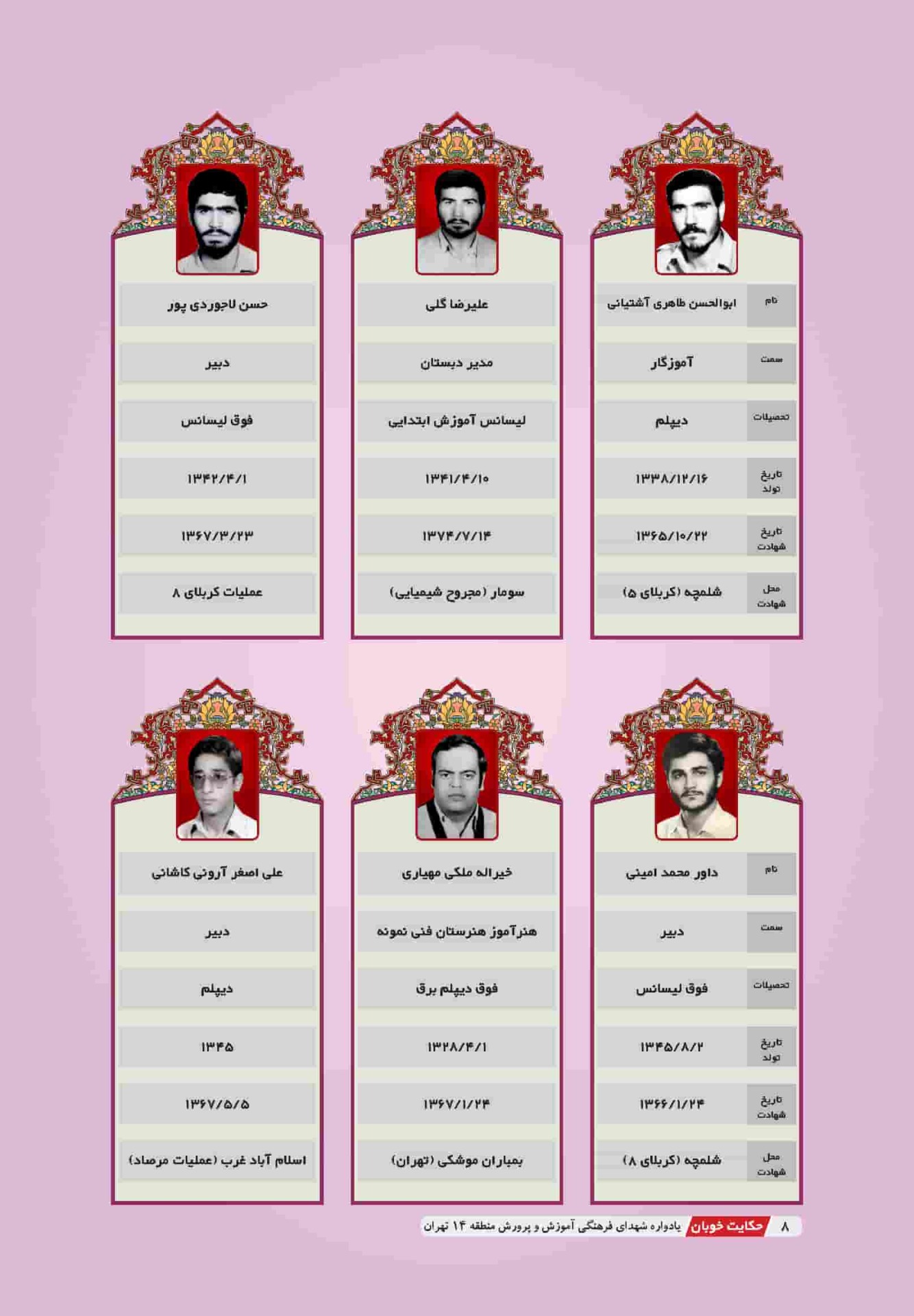 معلمهای شهید آموزش و پرورش منطقه 14 تهران در یک نگاه - کتاب حکایت خوبان تألیف مهدی ابوطالبی یزدی ، رضا نجفی، زهره مدیحی