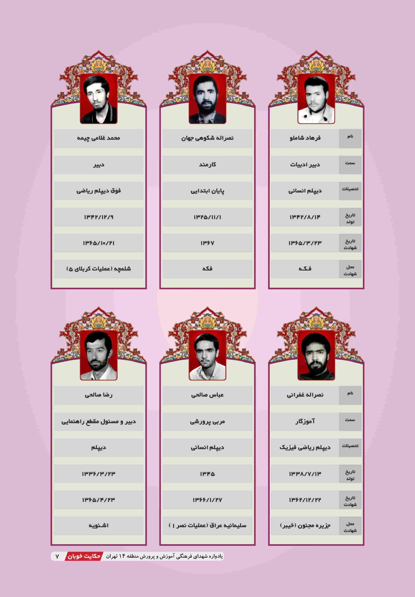 معلمهای شهید آموزش و پرورش منطقه 14 تهران در یک نگاه - کتاب حکایت خوبان تألیف مهدی ابوطالبی یزدی ، رضا نجفی، زهره مدیحی