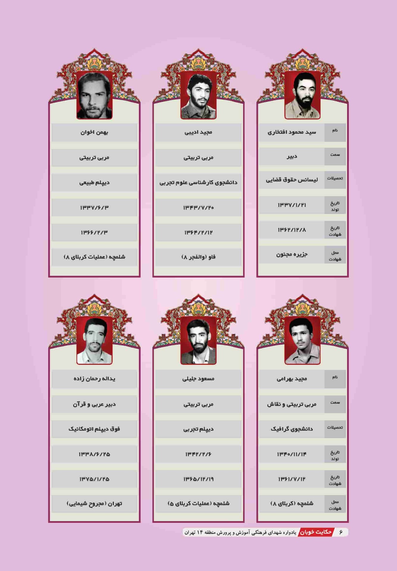 معلمهای شهید آموزش و پرورش منطقه 14 تهران در یک نگاه - کتاب حکایت خوبان تألیف مهدی ابوطالبی یزدی ، رضا نجفی، زهره مدیحی